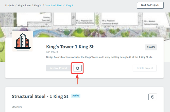 Image showing the button to click to access project settings from within a paylab contract.