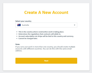 Drop down to select the country the new PayLab account contracts will take place. This window also explains the effects of this selection.