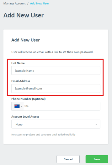 Add New User - Name and Email