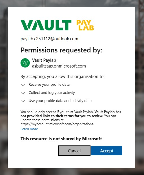 A window requesting the user to accept access by Vault-PayLab to profile data, logging of activity, and to use profile and activity data.