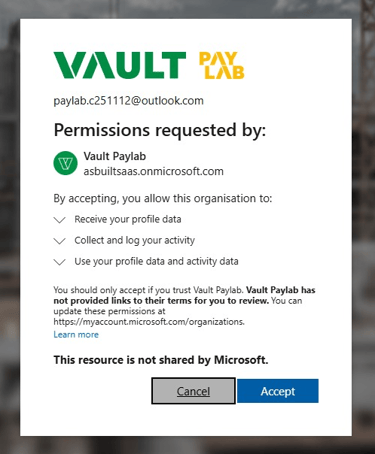 A window requesting the user to accept access by Vault-PayLab to profile data, logging of activity, and to use profile and activity data.
