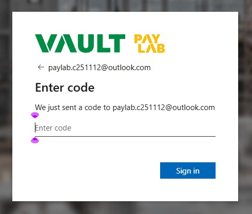 Vault PayLab login using the One Time Password sent to the email address provided in a previous step.