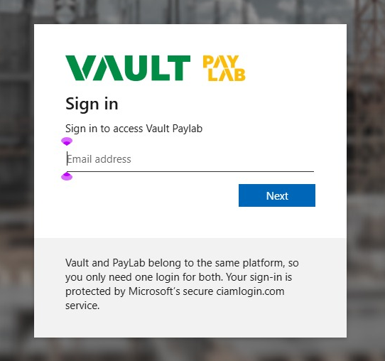 Vault PayLab sign in screen, requesting the user to enter their user email address and begin the authentication process.