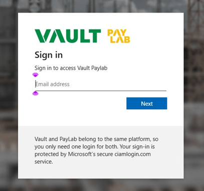 Vault PayLab sign in screen, requesting the user to enter their user email address and begin the authentication process.