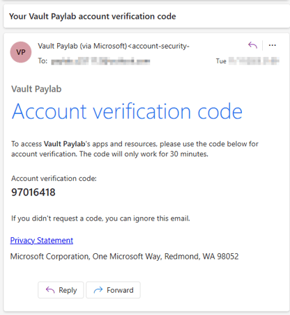 An example of the email PayLab sends out containing the OTP, referred to as the 'Account verification code'.