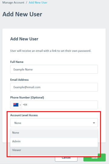 New User Permission Lebvel